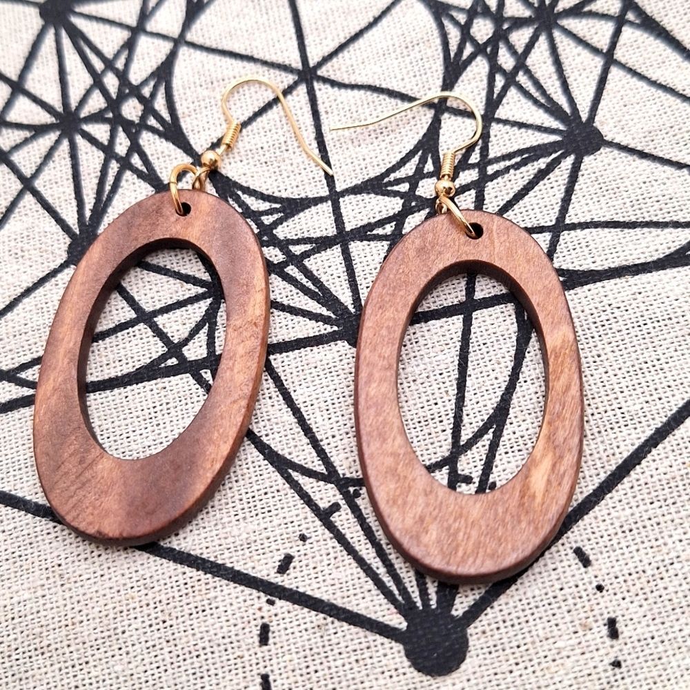 Brown wood hollowed oval earrings